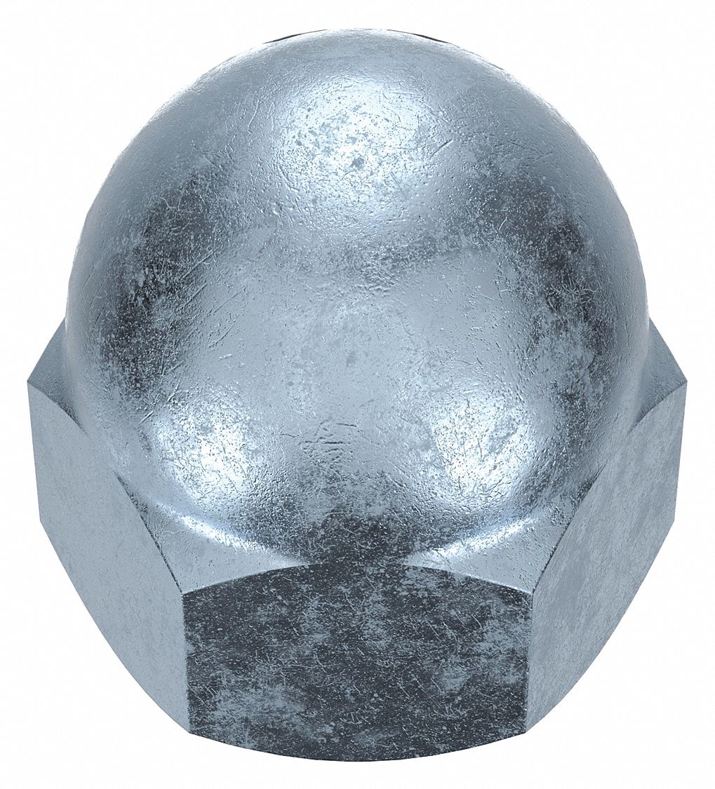Cap Nut: Low Crown, #8-32 Thread, Zinc-Plated, 12L14, Steel, 0.344 in Ht, 5/16 in Hex Wd, 10 PK