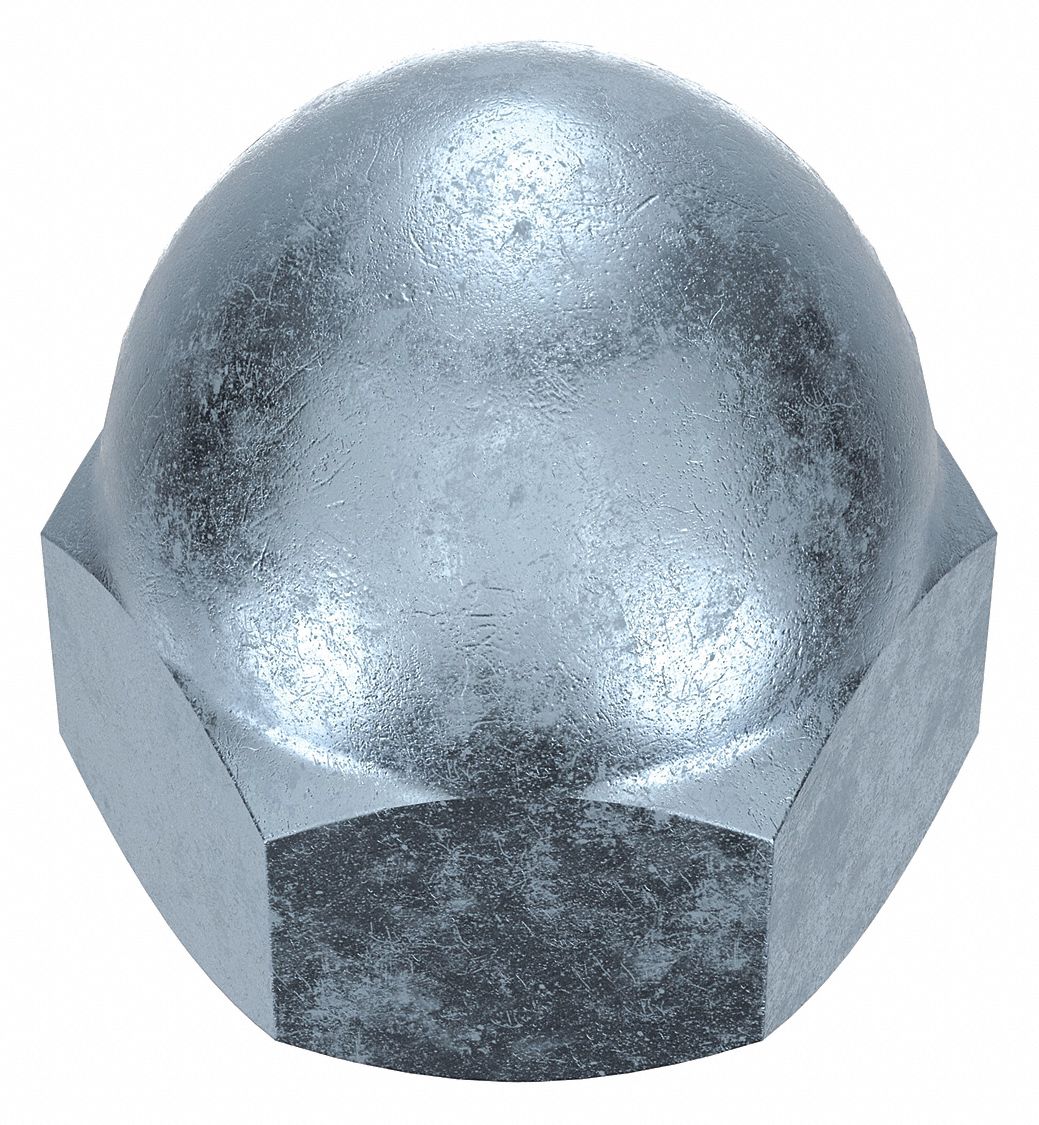 Cap Nut: Low Crown, #12-24 Thread, Zinc-Plated, 12L14, Steel, 0.406 in Ht, 3/8 in Hex Wd, 10 PK