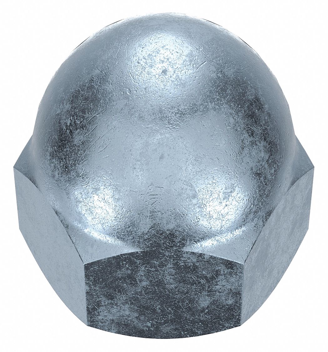 Cap Nut: Low Crown, 5/8"-11 Thread, Zinc-Plated, 12L14, Steel, 1 in Ht, 15/16 in Hex Wd, 2 PK