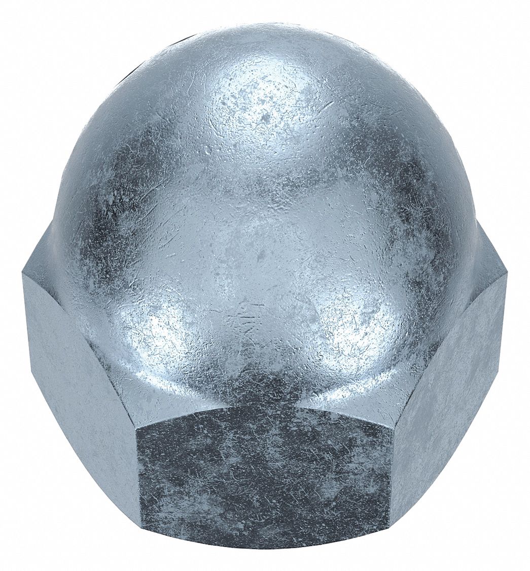 Cap Nut: Low Crown, 5/8"-18 Thread, Zinc-Plated, 12L14, Steel, 1 in Ht, 15/16 in Hex Wd, 2 PK