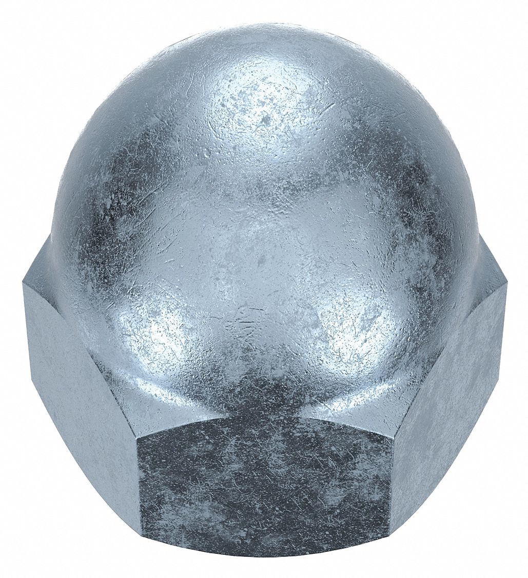 Cap Nut: Low Crown, 7/8"-9 Thread, Zinc-Plated, 12L14, Steel, 1.359 in Ht, 1 1/4 in Hex Wd