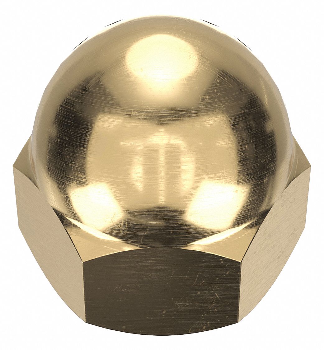 Cap Nut: Low Crown, 5/16"-18 Thread, Plain, C36000, Brass, 0.531 in Ht, 1/2 in Hex Wd, 10 PK