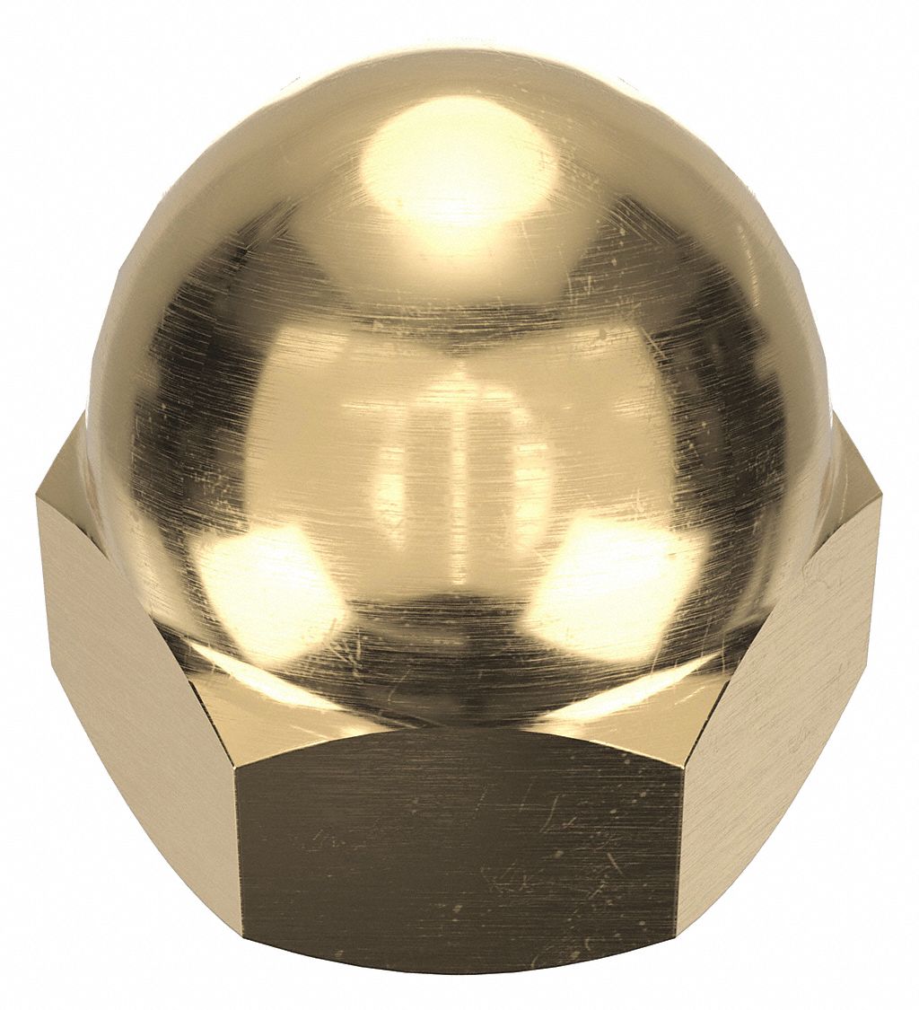 Cap Nut: Low Crown, 7/16"-20 Thread, Plain, C36000, Brass, 0.688 in Ht, 5/8 in Hex Wd, 5 PK