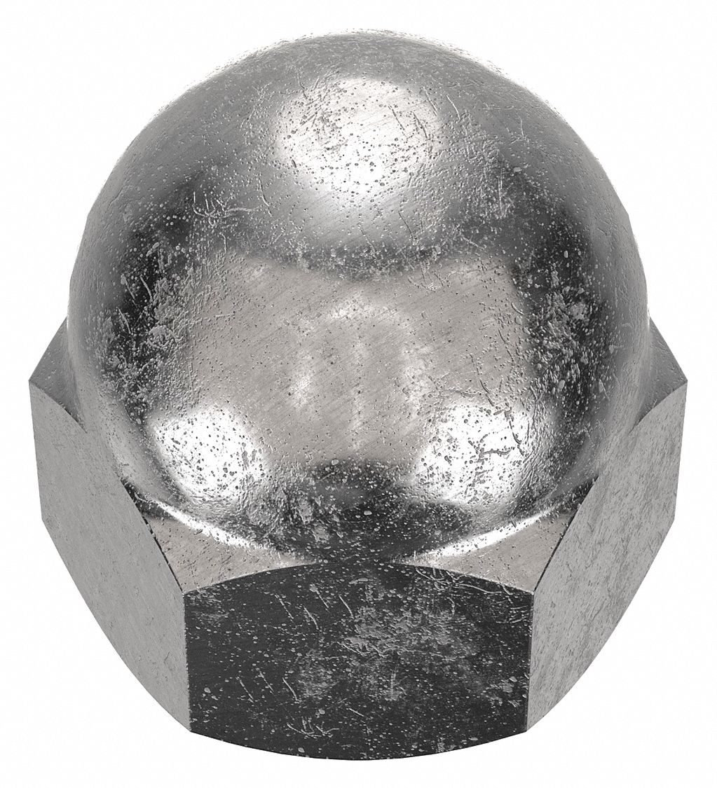 Cap Nut: Low Crown, #8-32 Thread, Plain, 18-8, Stainless Steel, 0.344 in Ht, 5/16 in Hex Wd, 10 PK