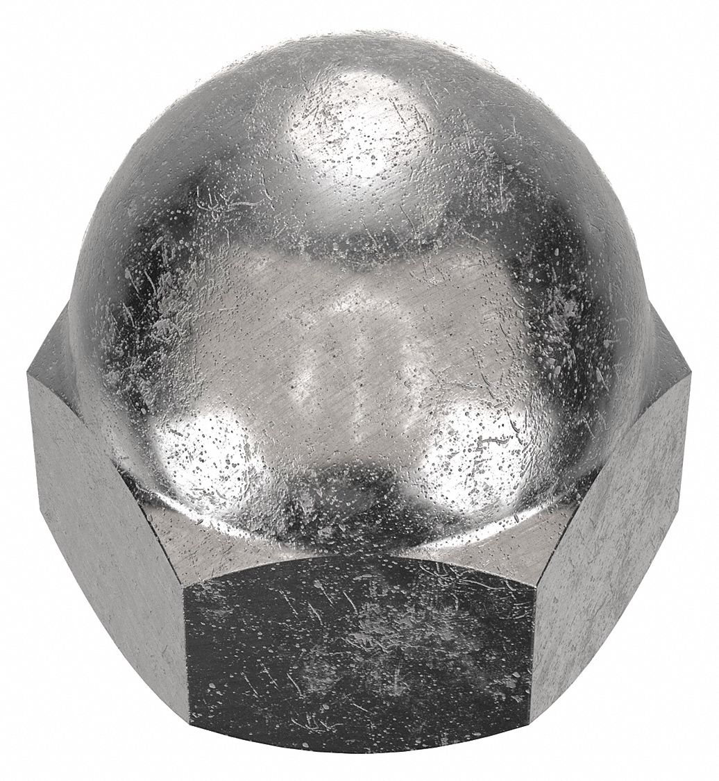 Cap Nut: Low Crown, #10-32 Thread, Plain, 18-8, Stainless Steel, 0.406 in Ht, 3/8 in Hex Wd, 10 PK