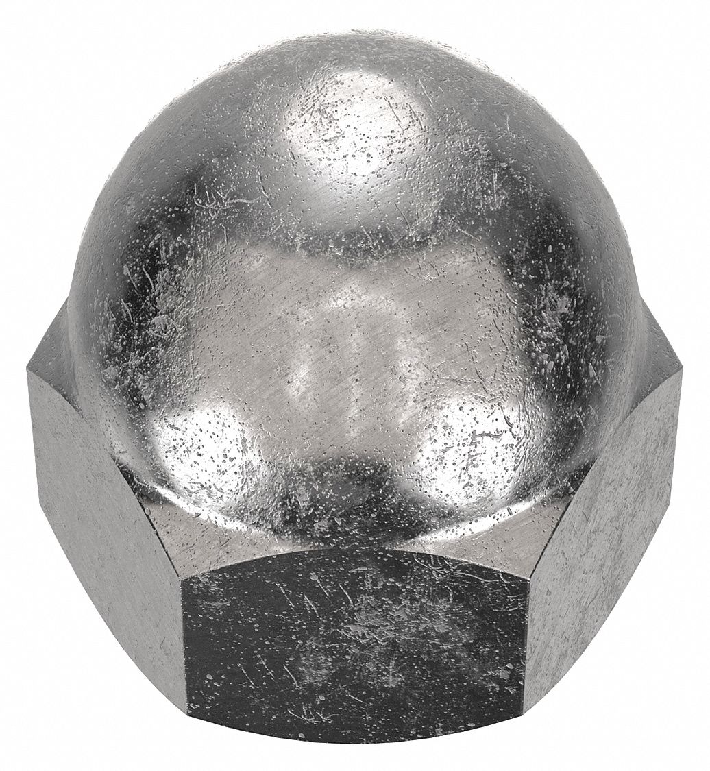 Cap Nut: Low Crown, #12-24 Thread, Plain, 18-8, Stainless Steel, 0.406 in Ht, 3/8 in Hex Wd, 10 PK