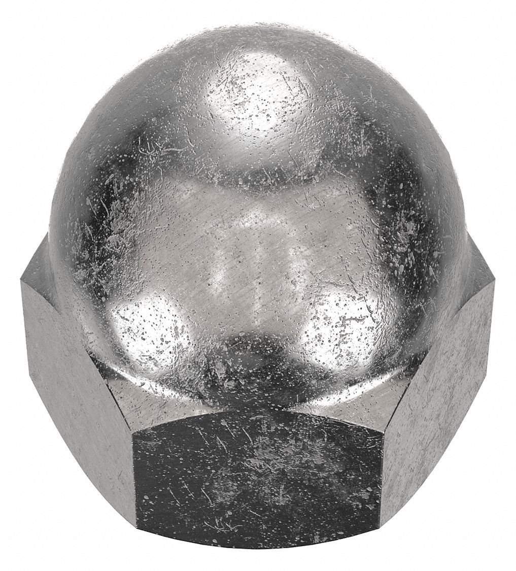 Cap Nut: Low Crown, 3/8"-24 Thread, Plain, 18-8, Stainless Steel, 0.625 in Ht, 9/16 in Hex Wd, 10 PK