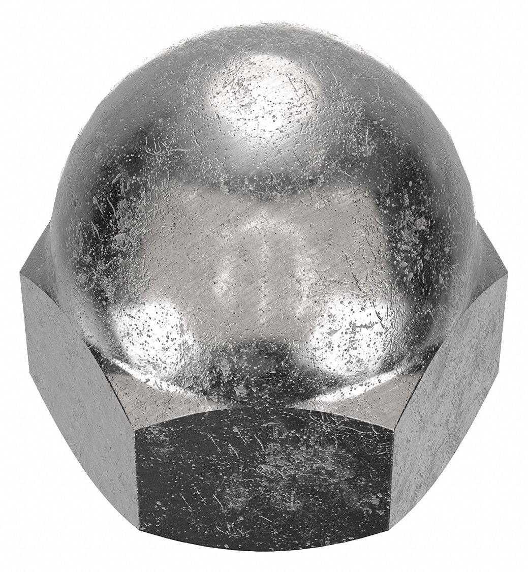 Cap Nut: Low Crown, 9/16"-18 Thread, Plain, 18-8, Stainless Steel, 0.938 in Ht, 7/8 in Hex Wd, 2 PK