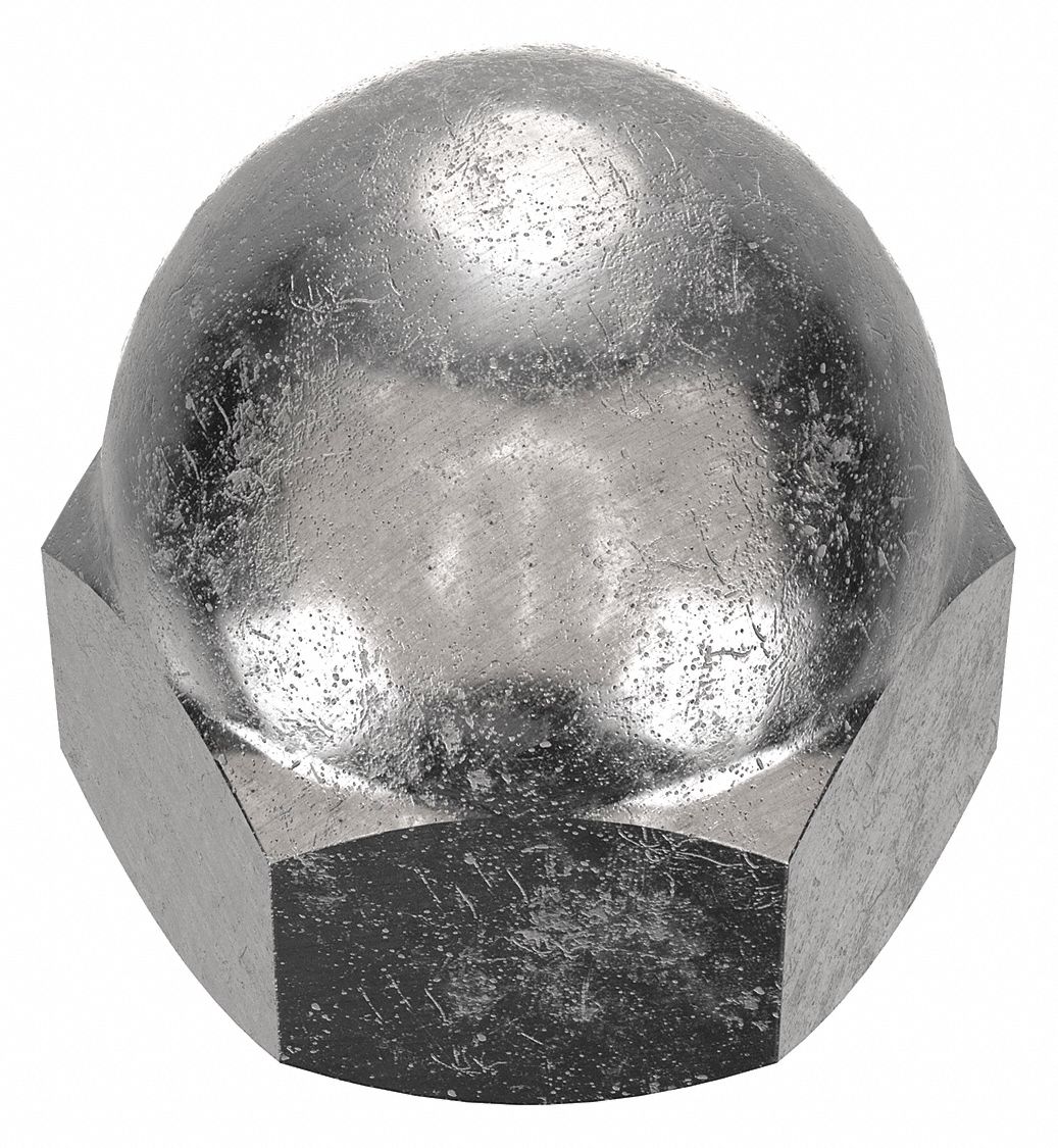 Cap Nut: Low Crown, 1 1/4"-7 Thread, Plain, 18-8, Stainless Steel, 1.953 in Ht, 1 13/16 in Hex Wd