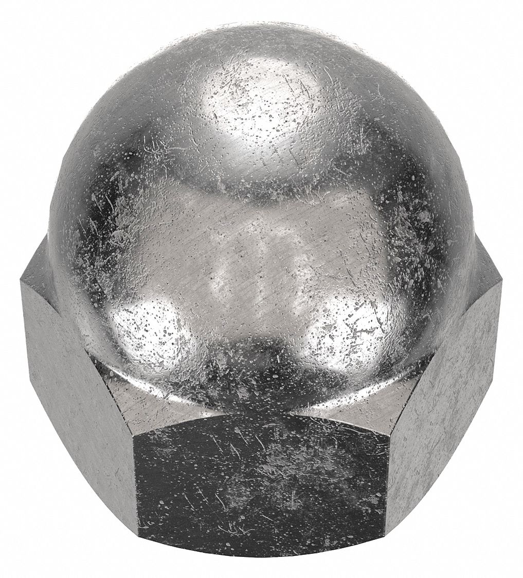 Cap Nut: Low Crown, #8-32 Thread, Plain, 316L, Stainless Steel, 0.344 in Ht, 5/16 in Hex Wd, 10 PK