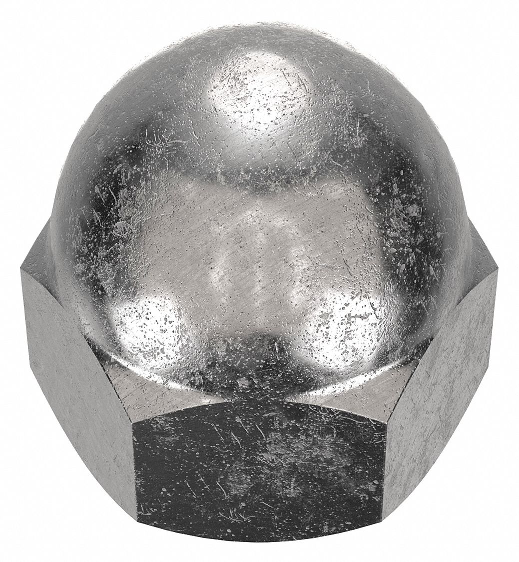 Cap Nut: Low Crown, #10-32 Thread, Plain, 316L, Stainless Steel, 0.406 in Ht, 3/8 in Hex Wd, 10 PK