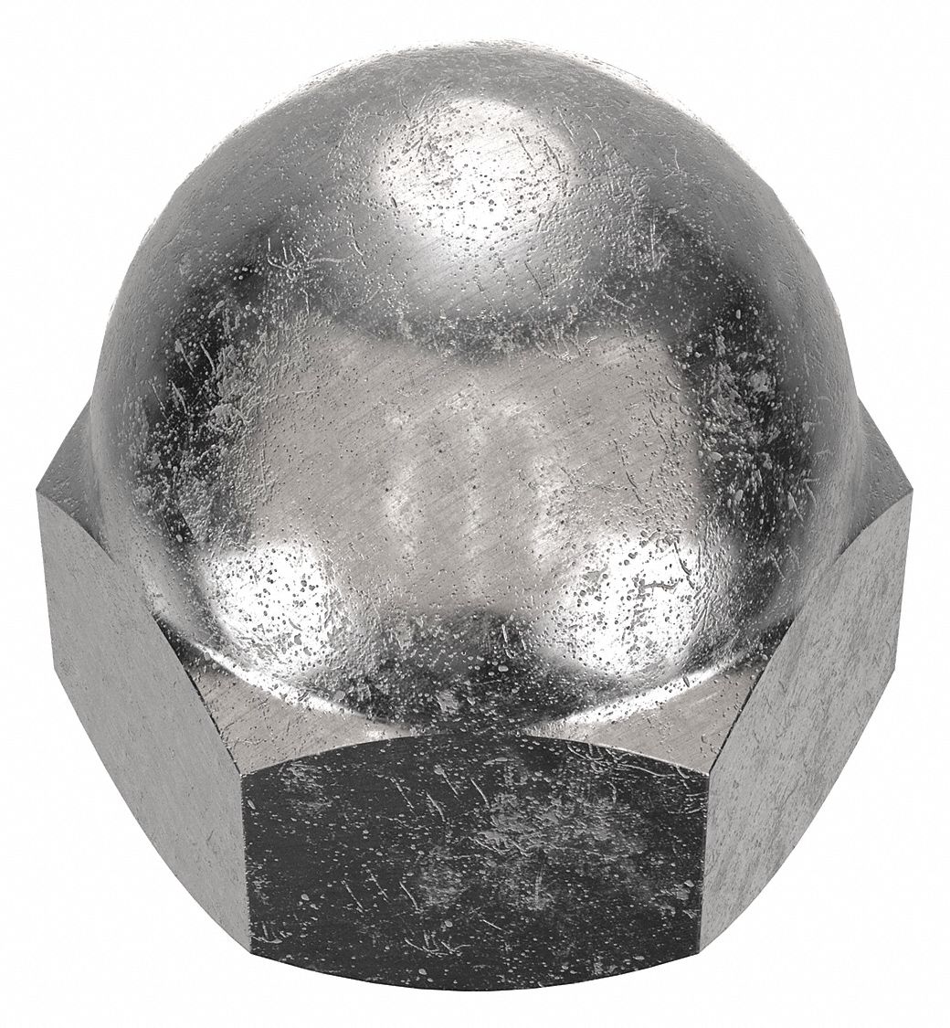 Cap Nut: Low Crown, 1/4"-20 Thread, Plain, 316L, Stainless Steel, 0.469 in Ht, 7/16 in Hex Wd, 10 PK