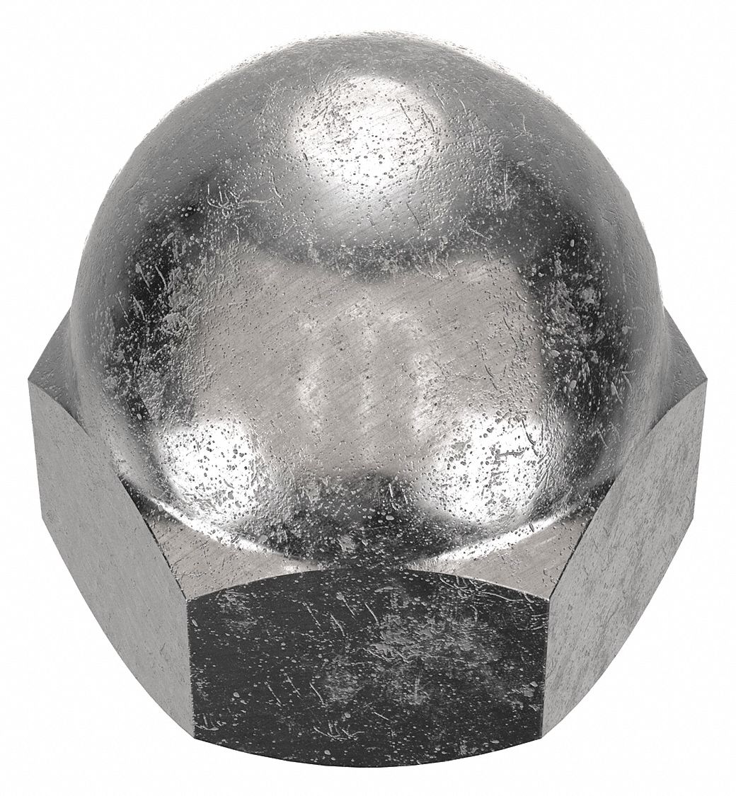 Cap Nut: Low Crown, 1/4"-28 Thread, Plain, 316L, Stainless Steel, 0.469 in Ht, 7/16 in Hex Wd, 10 PK