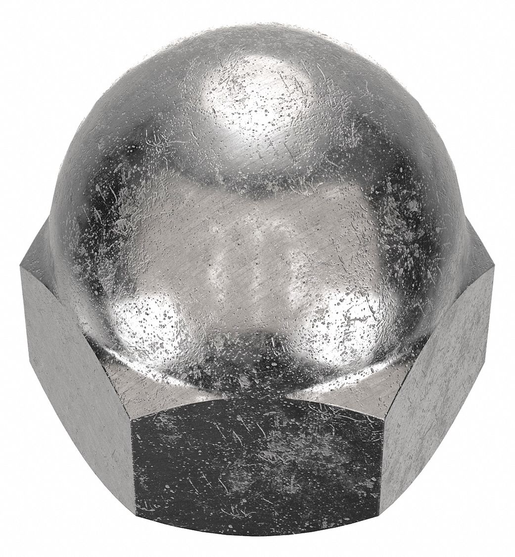 Cap Nut: Low Crown, 5/16"-18 Thread, Plain, 316L, Stainless Steel, 0.531 in Ht, 1/2 in Hex Wd, 10 PK