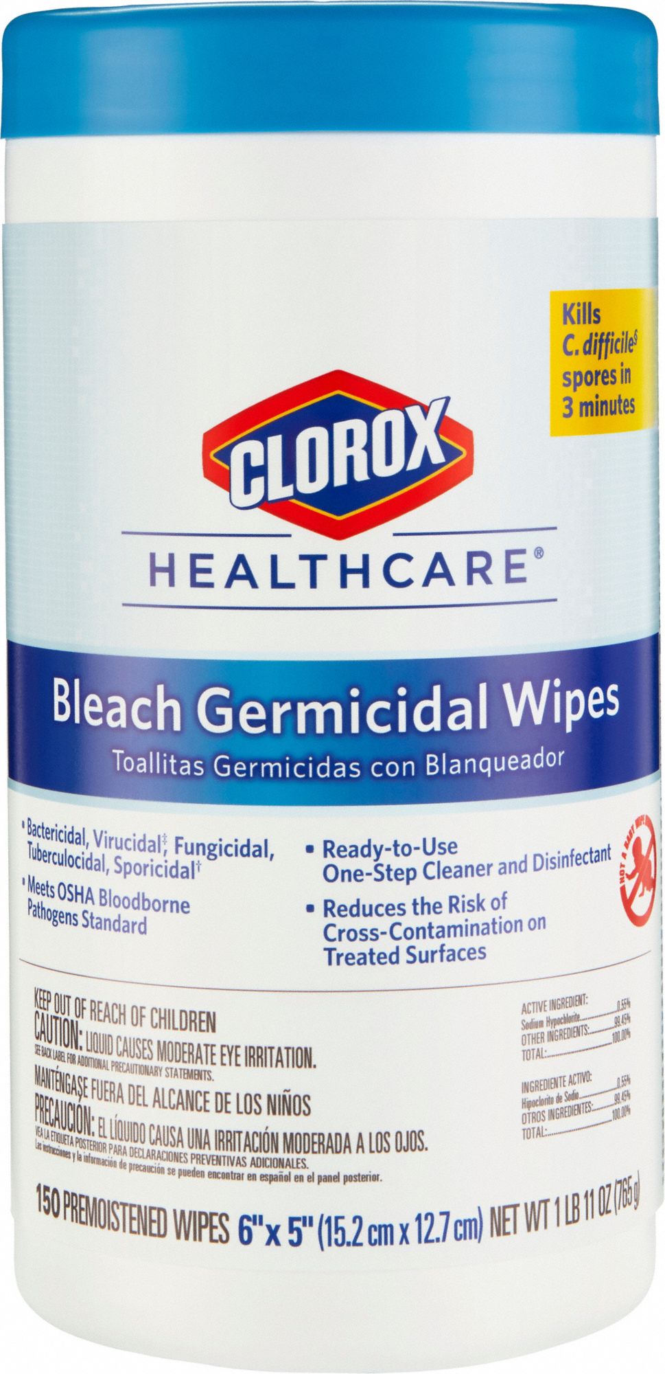 Germicidal Disinfecting Wipes: Canister, 150 ct Container Size, Ready to Use, 6 PK