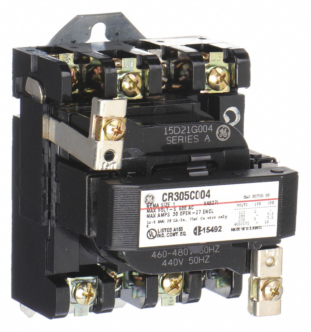 NEMA Magnetic Contactor: Non-Reversing, 3 Poles, NEMA Size 1, 27 A, 480V AC