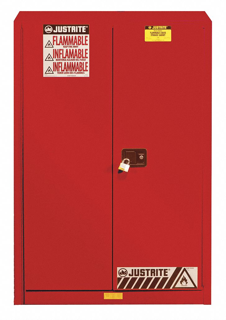 FLAMMABLES SAFETY CABINET, STANDARD, 60 GALLON, 43 X 18 X 65 IN, RED, SELF-CLOSING