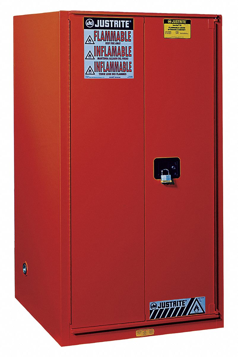 FLAMMABLES SAFETY CABINET, STANDARD, 96 GALLON, 34 X 34 X 65 IN, RED, MANUAL CLOSE