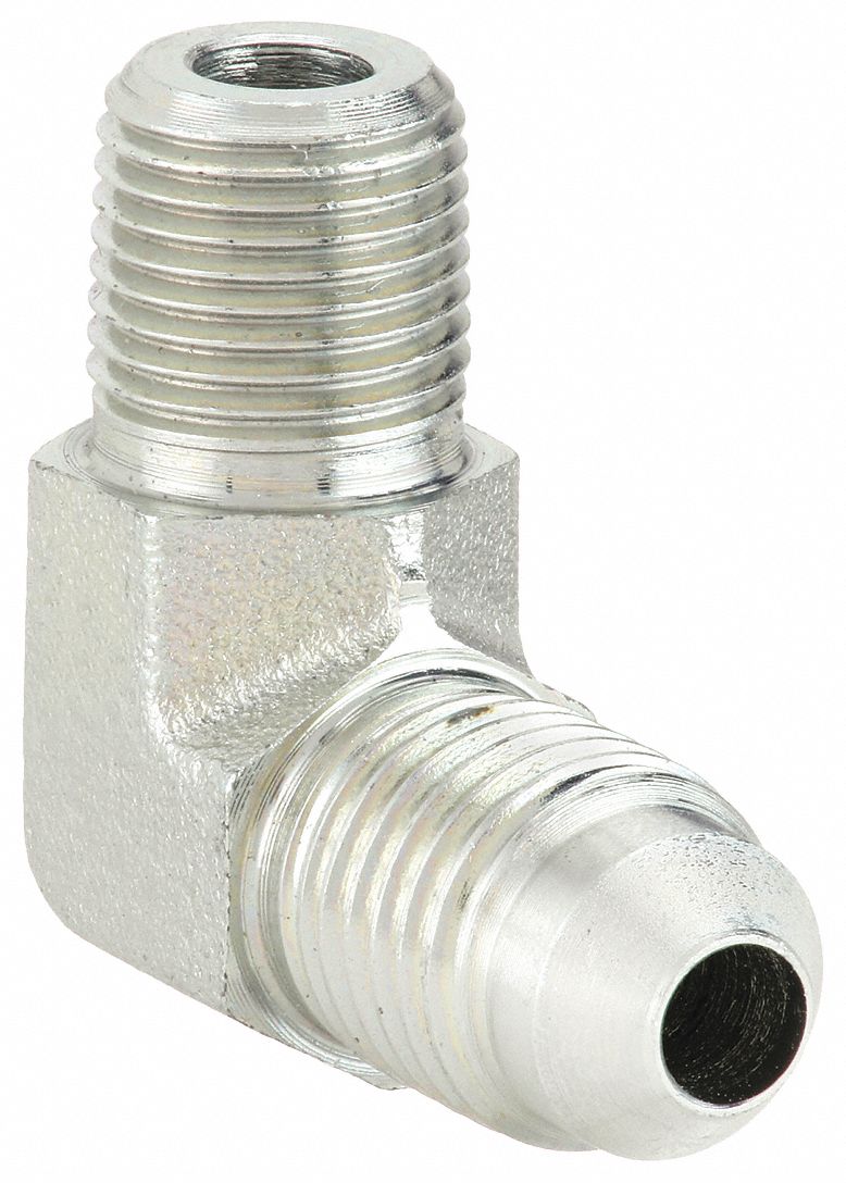 Hydraulic Hose Adapter: 1/4 in x 3/8 in Fitting Size, Male x Male, NPTF x JIC, Rigid, 90° Elbow