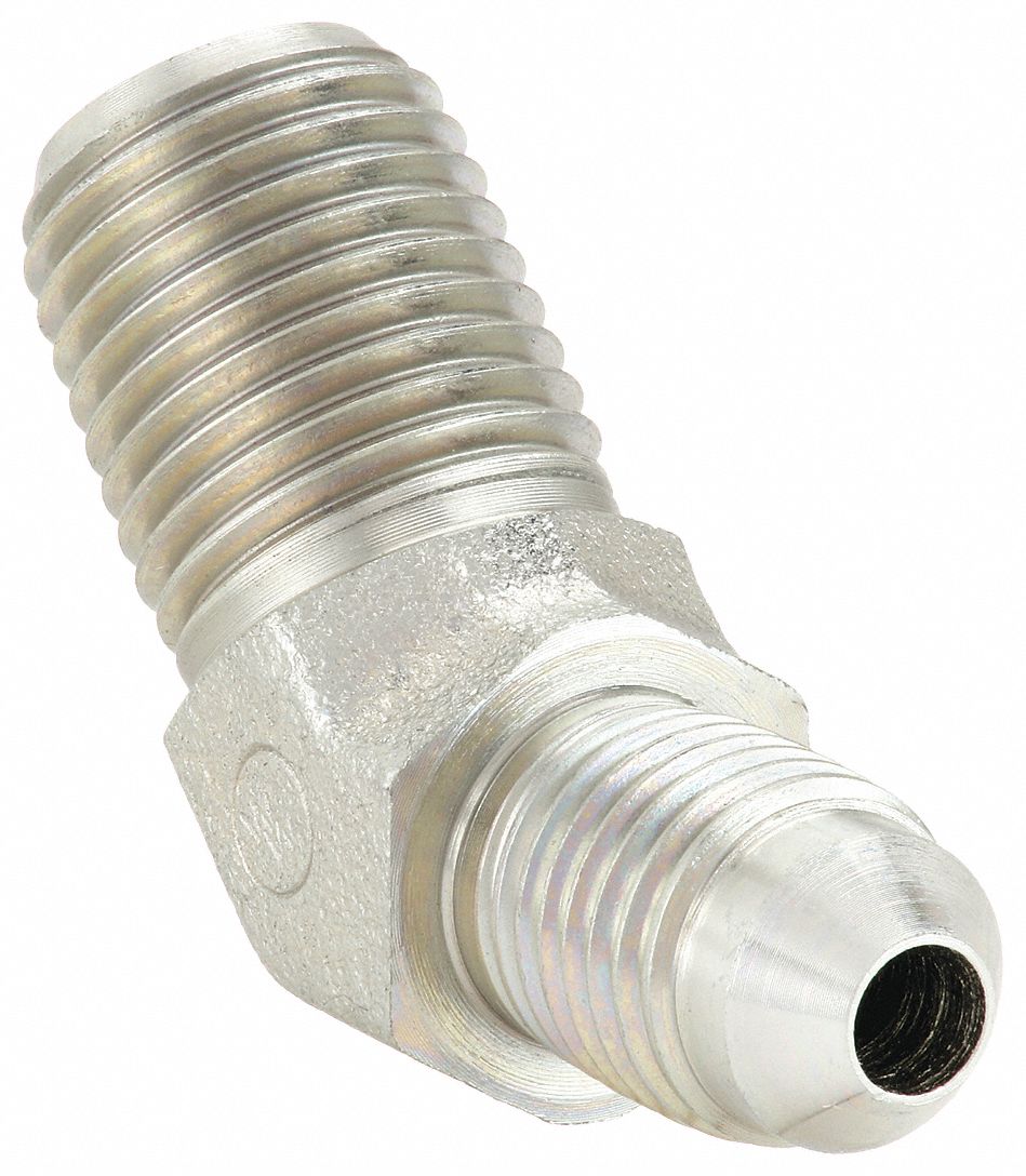 Hydraulic Hose Adapter: 1/4 in x 1/4 in Fitting Size, Male x Male, NPTF x JIC, Rigid, 45° Elbow