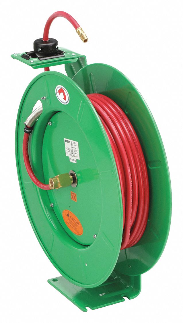 Spring Return Hose Reel: 50 ft (1/4 in I.D.), 1/4 in MNPT, 300 psi Max Op Pressure, Brass, Green