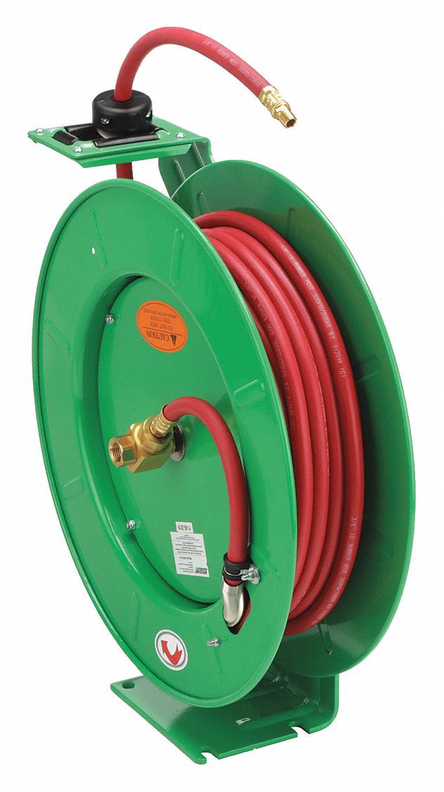 Spring Return Hose Reel: 50 ft (3/8 in I.D.), 3/8 in MNPT x 1/4 in MNPT, 300 psi Max Op Pressure