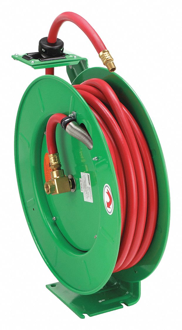 Spring Return Hose Reel: 50 ft (1/2 in I.D.), 3/8 in MNPT x 1/2 in MNPT, 300 psi Max Op Pressure