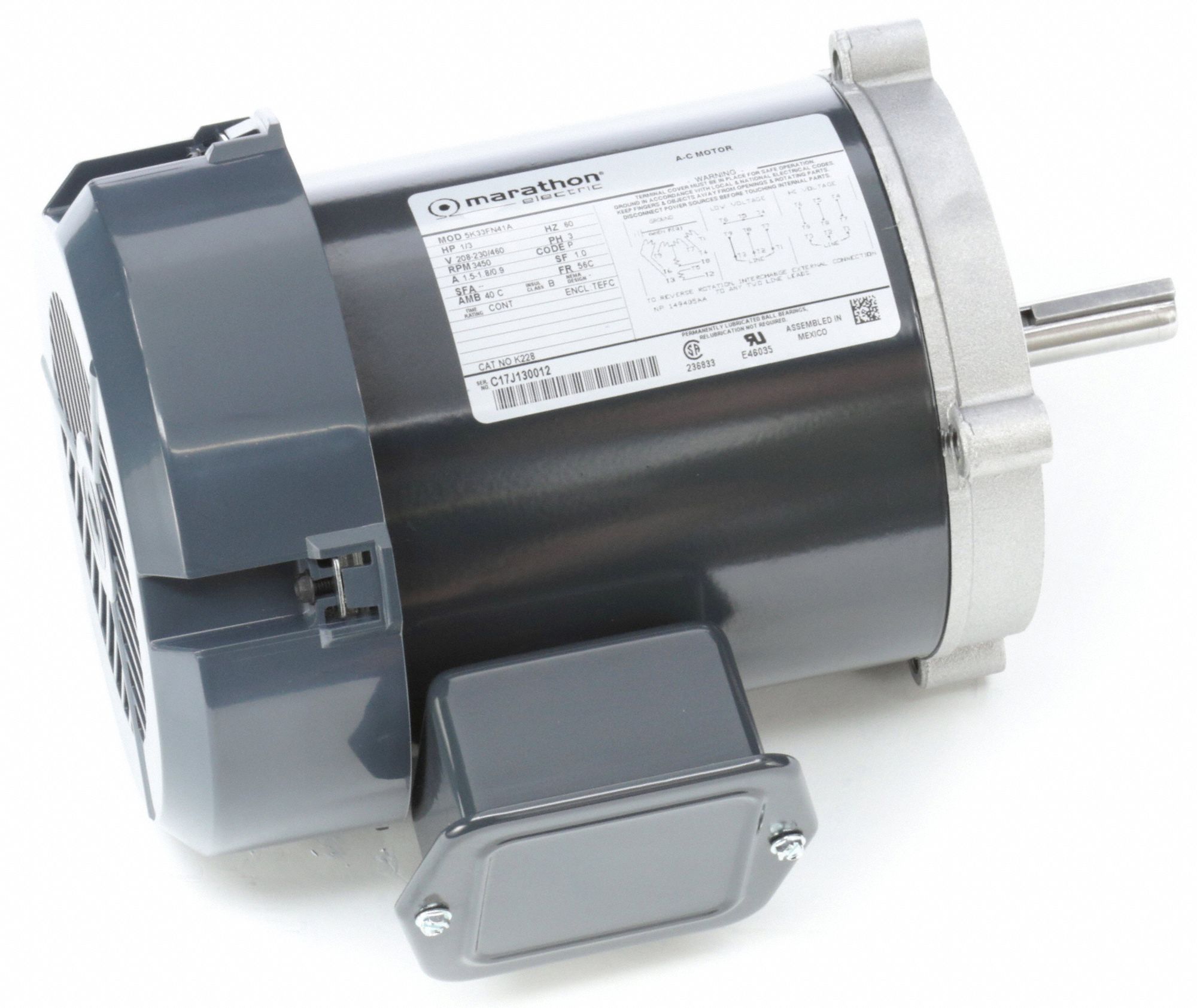 MARATHON MOTORS General Purpose Motor, 1/3 HP, 3Phase, Nameplate RPM