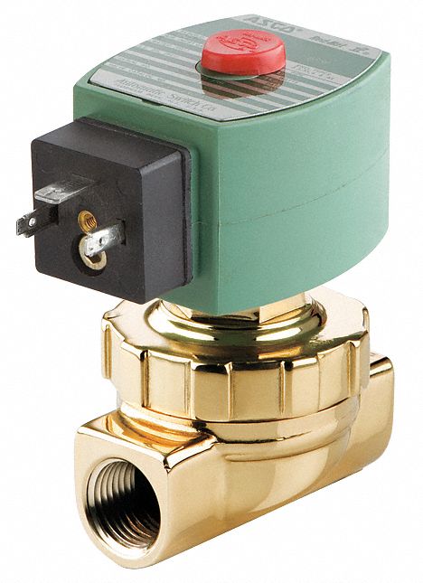 SOLENOID VALVE: 2-WAY, NORMALLY CLOSED, ½ IN PIPE SIZE, 110V AC/120V AC, BRASS BODY, DIN