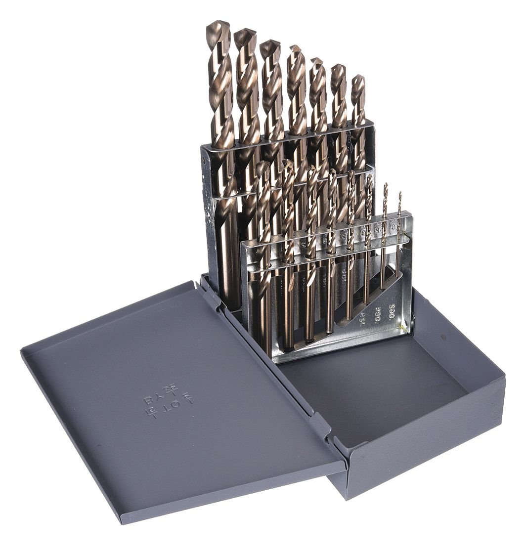Jobber Length Drill Bit Set: 15 Pc, 1/16" to 1/2" by 32nds, 135° Split Point