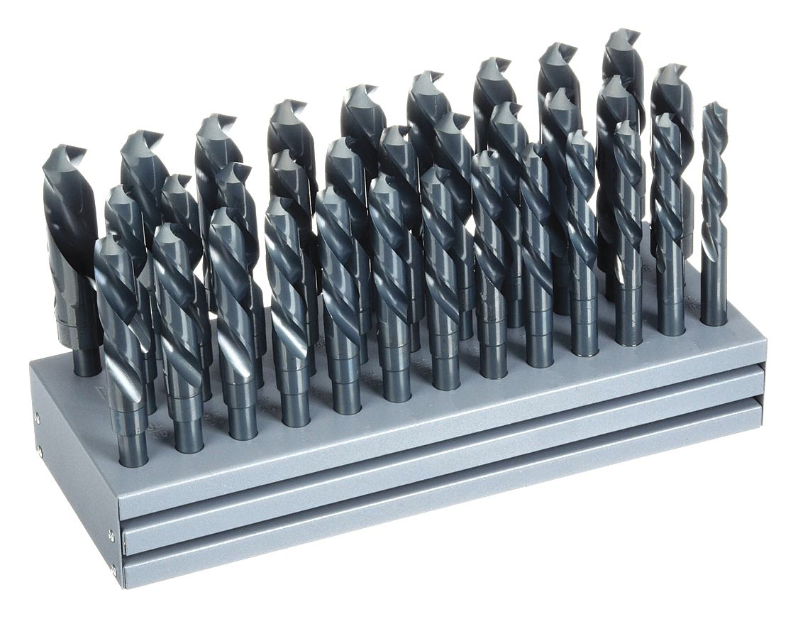 REDUCED SHANK DRILL BIT SET, ½ IN SMALLEST DRILL BIT, 33 DRILL BITS, 4XD, HSS