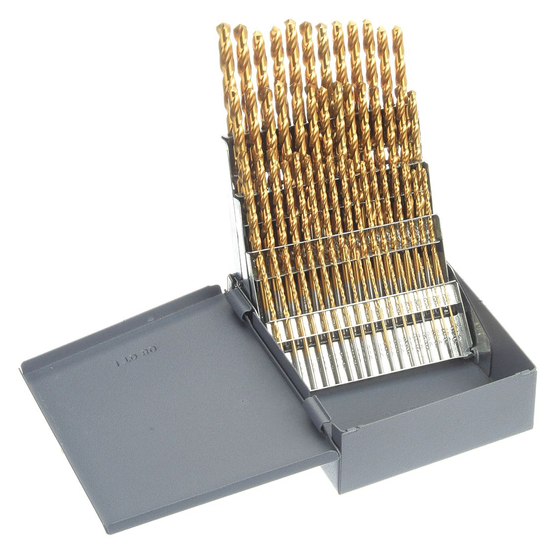 JOBBER LENGTH DRILL BIT SET, #60 SMALLEST BIT, #1 LARGEST BIT, TIN, HIGH SPEED STEEL