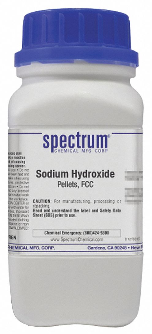 Sodium Hydroxide: FCC, 500 g, 1310-73-2, Base, Powder, Bottle, Plastic, 36 mo Shelf Life, 1