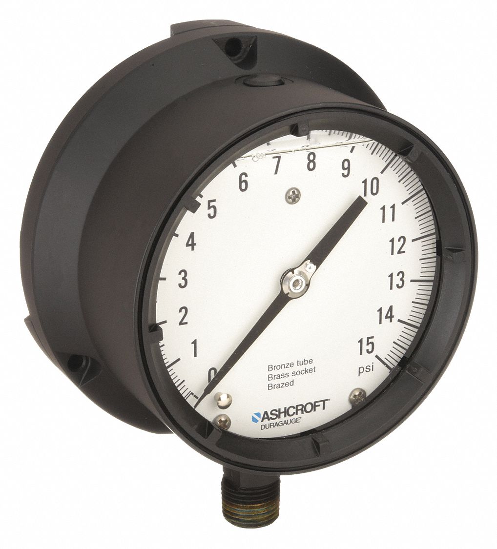 Process Pressure Gauge: 0 psi to 15 psi, White, 4 1/2 in Dial, 1/2 in NPT Male, Bottom, 4X