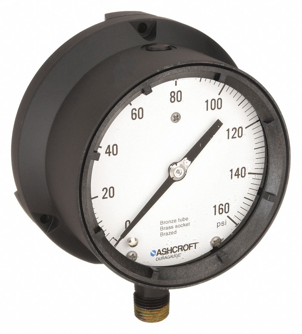 Process Pressure Gauge: 0 psi to 160 psi, White, 4 1/2 in Dial, 1/2 in NPT Male, Bottom, 4X