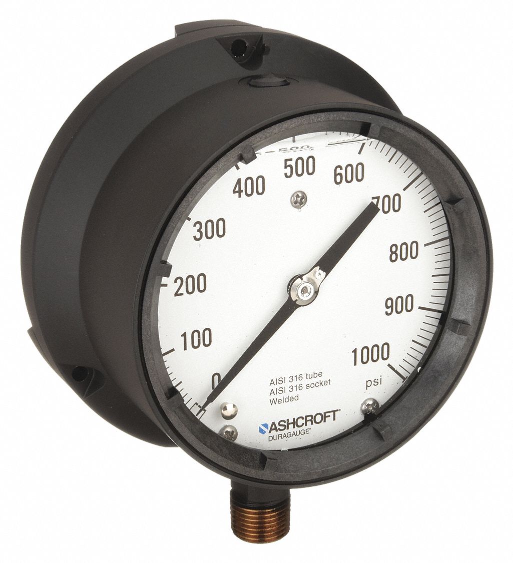 PROCESS PRESSURE GAUGE, 0 PSI TO 1,000 PSI, WHITE, 4 1/2 IN DIAL, 1/2 IN NPT MALE, BOTTOM