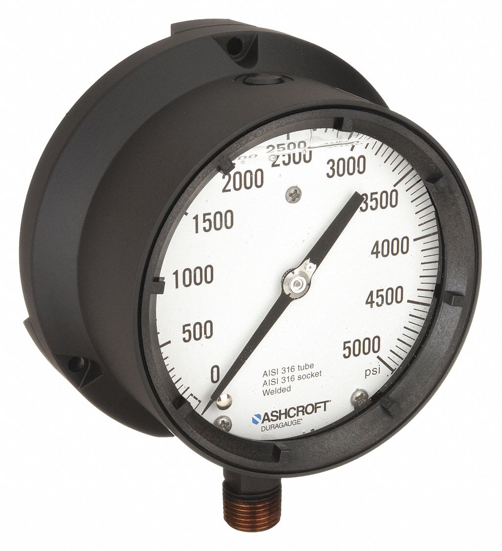 Process Pressure Gauge: 0 psi to 5, 000 psi, White, 4 1/2 in Dial, 1/2 in NPT Male, Bottom