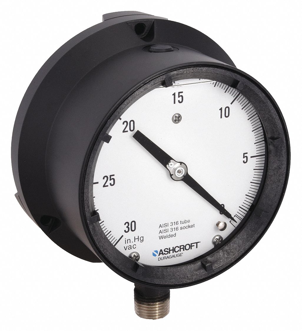 ASHCROFT Vacuum Gauge, 30 in Hg Vac to 0 Range, 1/2 in NPT, ±0.50 Gauge Accuracy 6WZV4