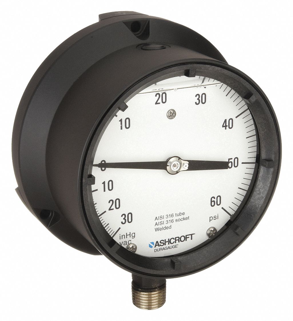 Process Compound Gauge: 0 psi to 60 psi, White, 4 1/2 in Dial, 1/2 in NPT Male, Bottom, 4X