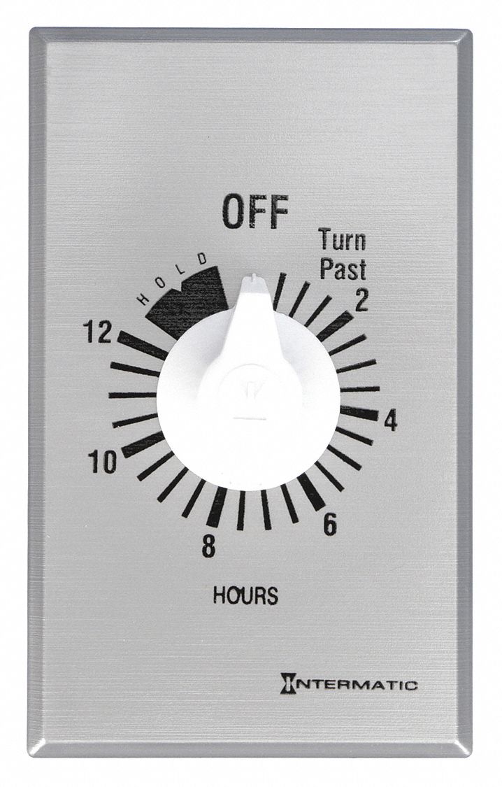 SPRING-WOUND TIMER, SPST, 0 TO 12 HOURS, PLASTIC KNOB, SILVER FACEPLATE