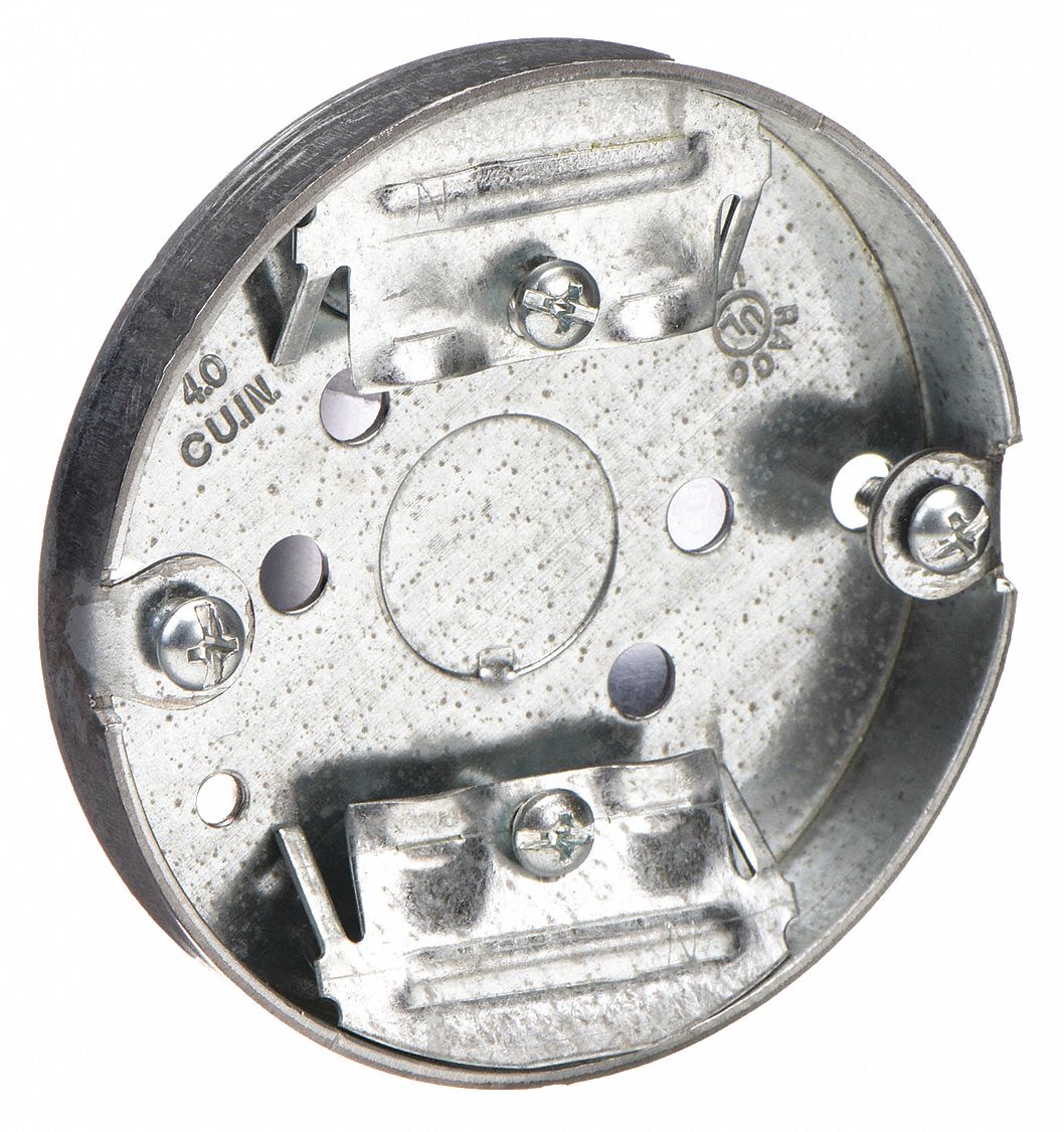 Electrical Box: Steel, Steel Material & Nominal Size, Round, 1 Gangs, 1/2 in Box Dp