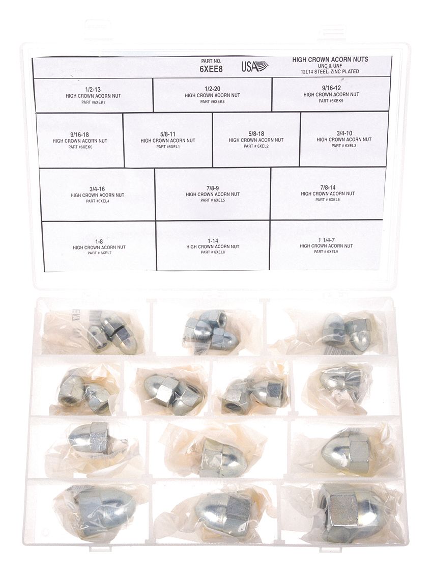 Acorn Nut Assortment: Steel, Zinc-Plated, 21 Nuts, 13 Thread Sizes, Std Hex Nut, Std