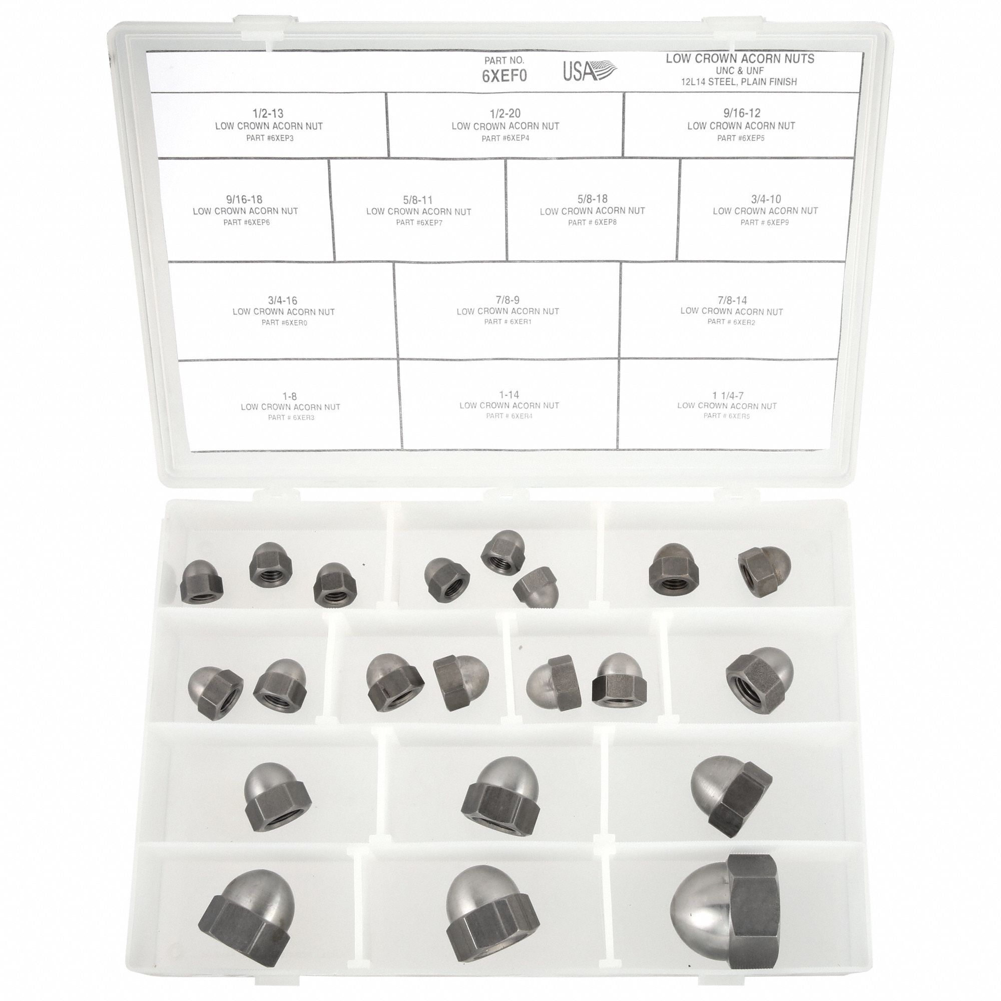 Acorn Nut Assortment: Steel, Plain, 21 Nuts, 13 Thread Sizes, Std Hex Nut, Std