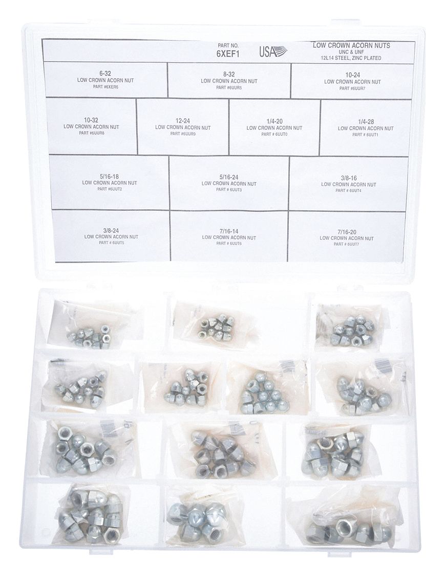 Acorn Nut Assortment: Steel, Zinc-Plated, 120 Nuts, 13 Thread Sizes, Std Hex Nut, Std