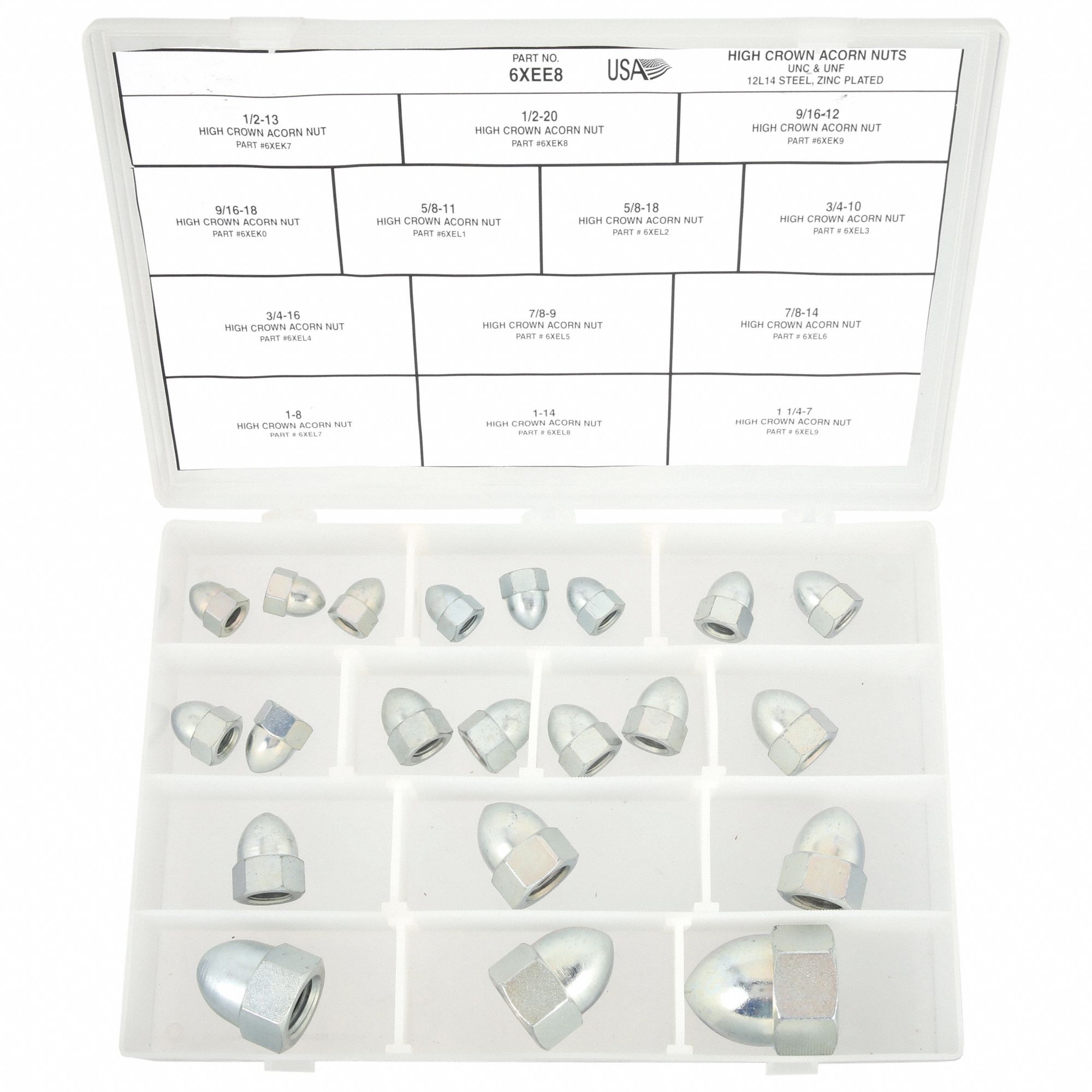 Acorn Nut Assortment: Steel, Zinc-Plated, 21 Nuts, 13 Thread Sizes, Std Hex Nut, Std