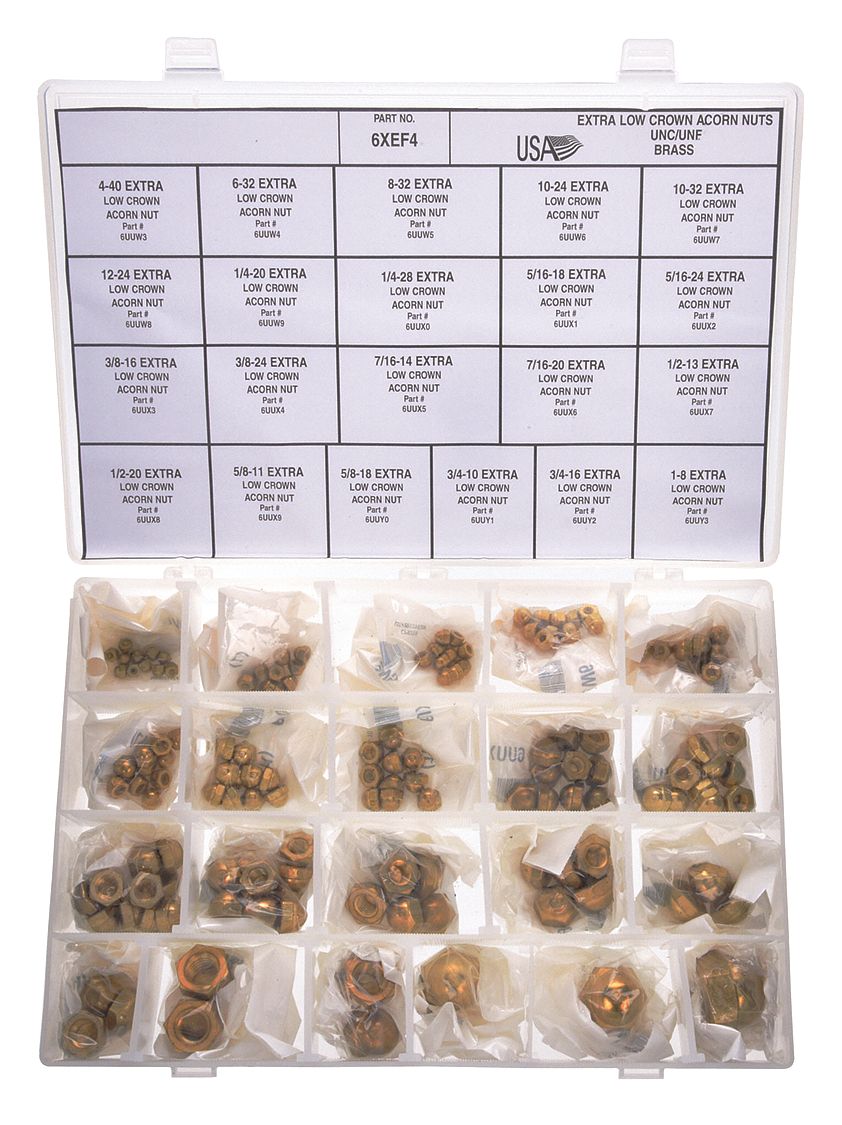 Acorn Nut Assortment: Brass, Plain, 143 Nuts, 21 Thread Sizes, Std Hex Nut, Std