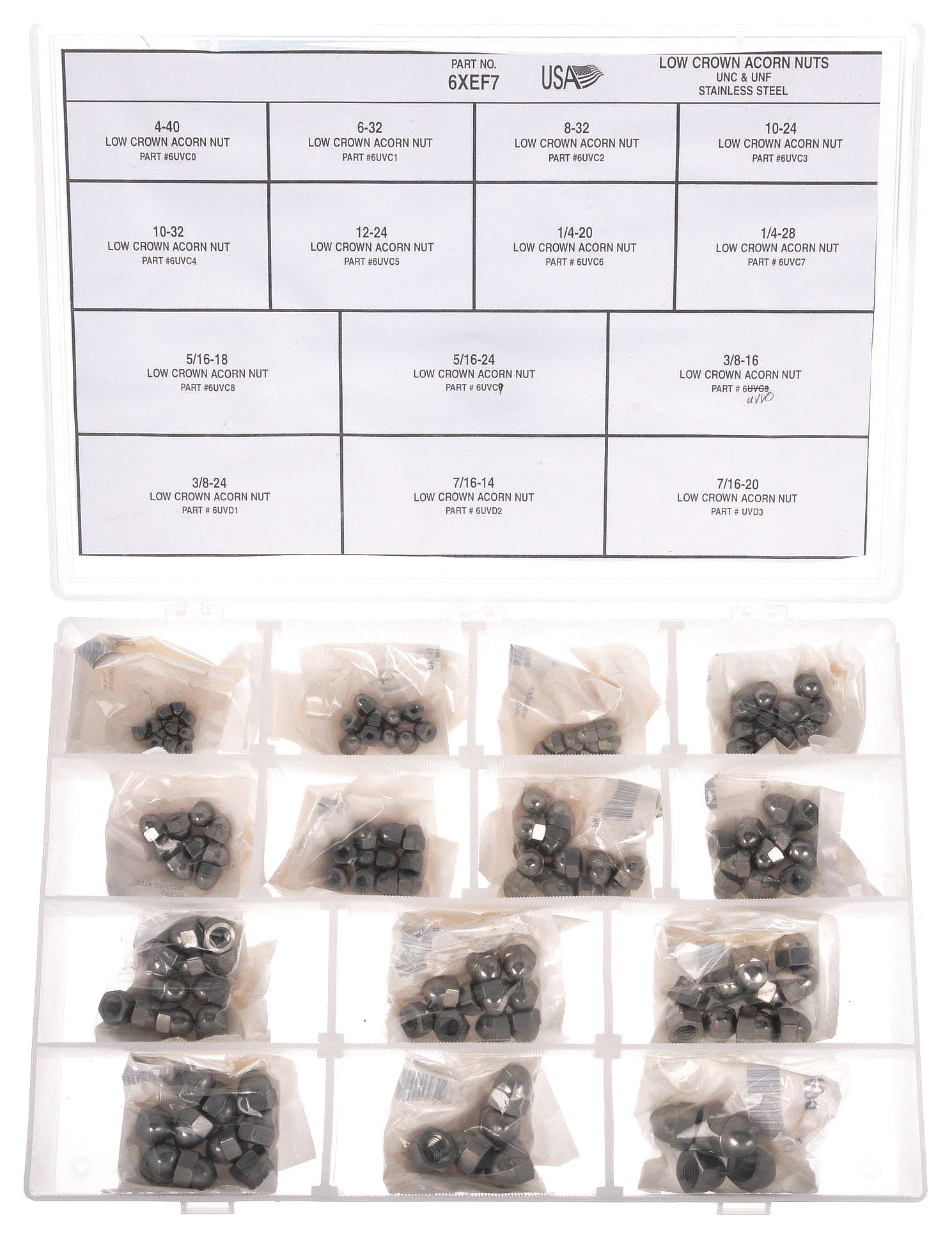 Acorn Nut Assortment: Stainless Steel, Plain, 130 Nuts, 14 Thread Sizes, Std Hex Nut, Std