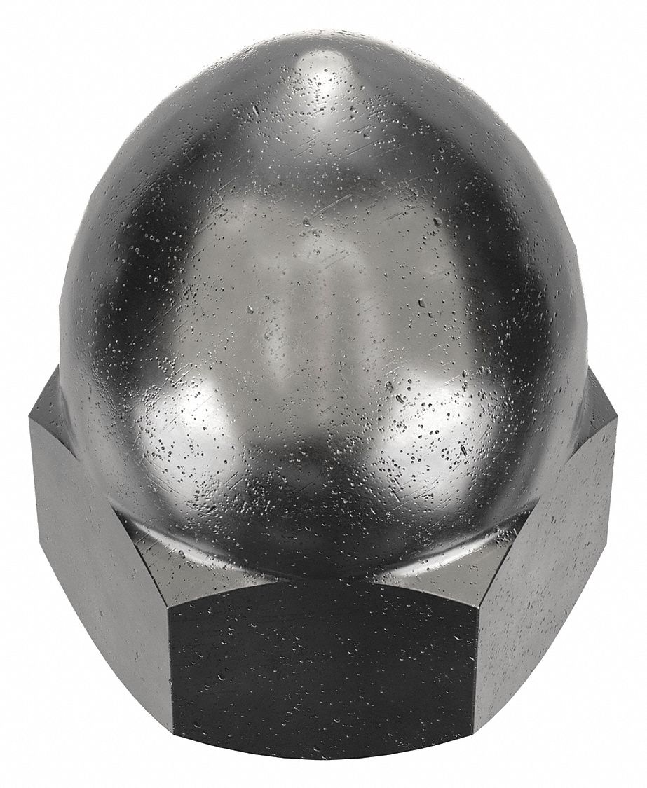 Cap Nut: High Crown, 1/4"-20 Thread, Plain, 12L14, Steel, 0.594 in Ht, 7/16 in Hex Wd, 10 PK