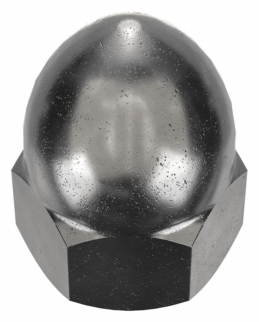 Cap Nut: High Crown, 7/16"-20 Thread, Plain, 12L14, Steel, 0.875 in Ht, 5/8 in Hex Wd, 5 PK