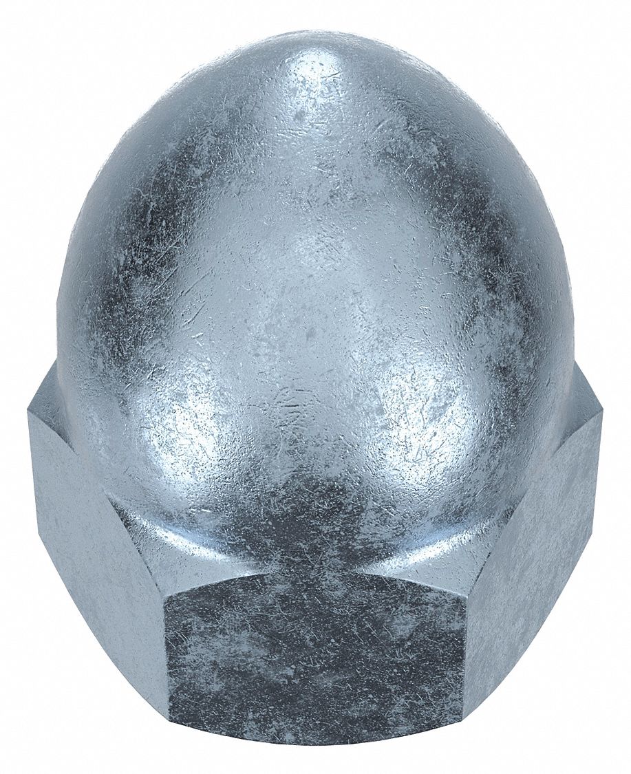 Cap Nut: High Crown, 1/4"-20 Thread, Zinc-Plated, 12L14, Steel, 0.594 in Ht, 7/16 in Hex Wd, 10 PK